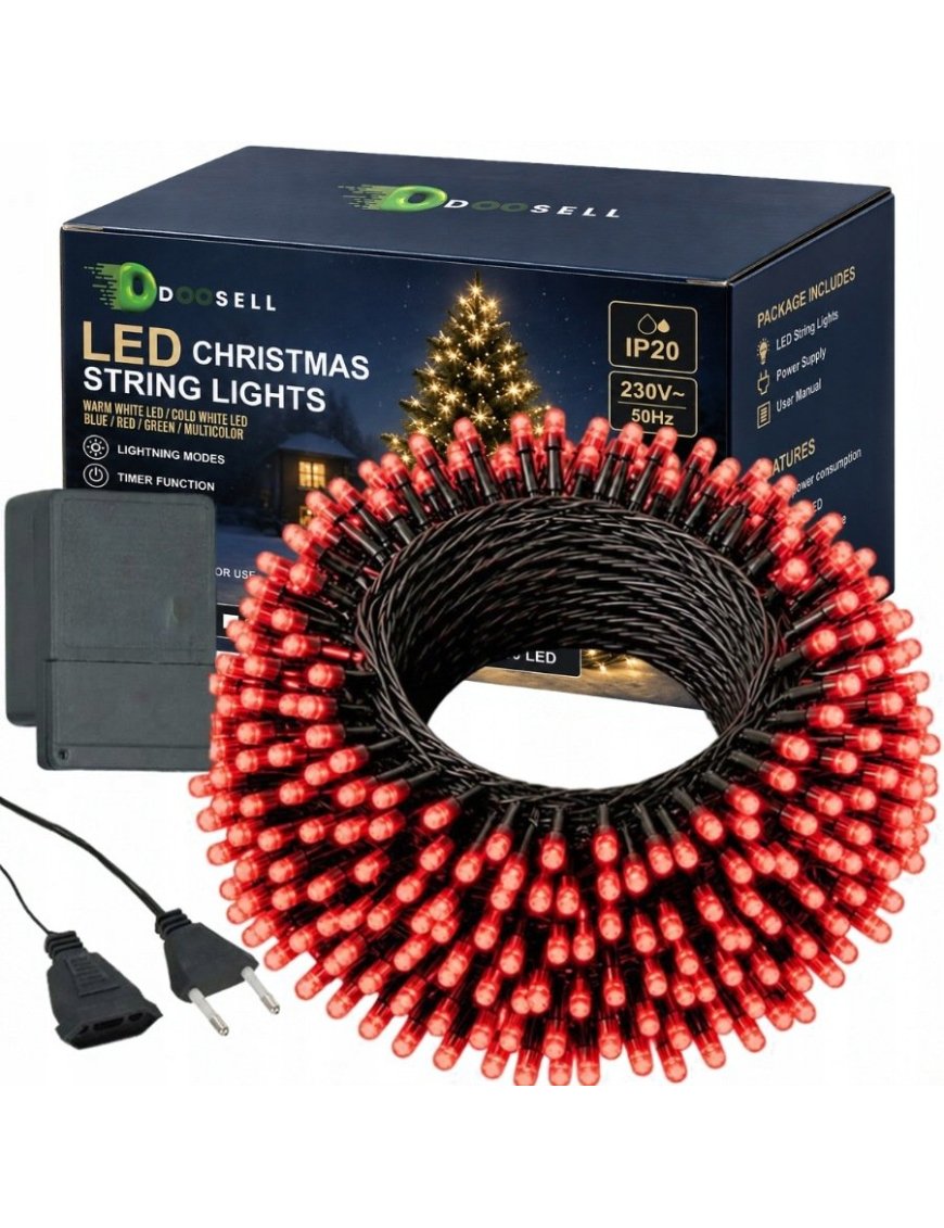 MOCNE LAMPKI CHOINKOWE 300 LED ZEWNĘTRZNE 23M 8 TRYBÓW ŁĄCZNIK CZERWONY