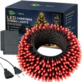 MOCNE LAMPKI CHOINKOWE 200 LED ZEWNĘTRZNE 16 M 8 TRYBÓW ŁĄCZNIK CZERWONY