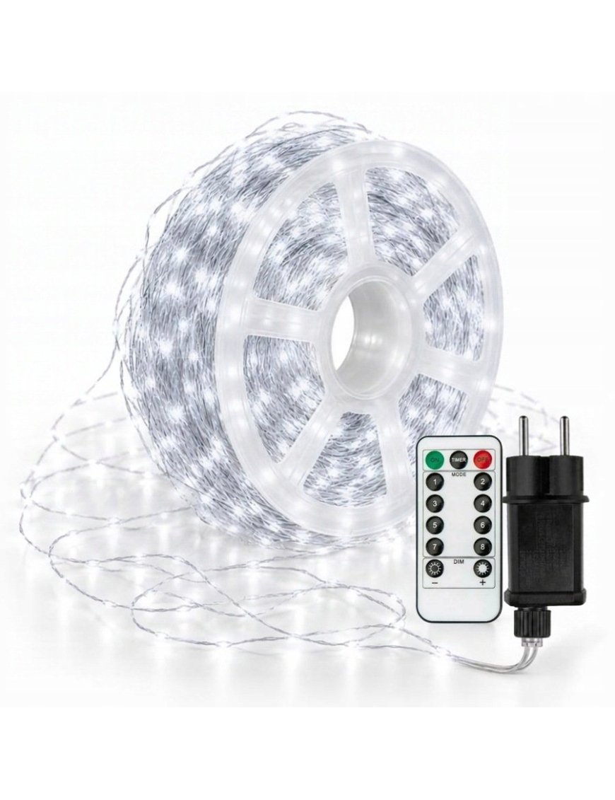 Lampki Choinkowe 500 LED 50m mikro drucik Zimne Biały Pilot Timer IP44