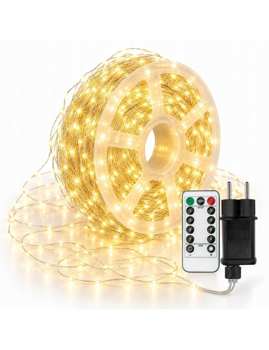 Lampki Choinkowe 500 LED 50m mikro drucik Ciepły Biały Pilot Timer IP44